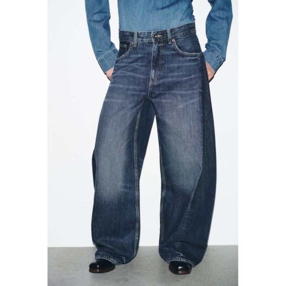 Zara Two Tone Barrel Leg Jeans High Waisted Wide Leg Blue Denim Sz 34 - Picture 2 of 13